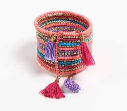 Glass Beaded & Woven Thread Tasseled Cuff Bracelet