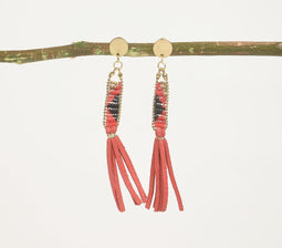 Glass Beaded & Brass Red Shoulder Duster Earrings
