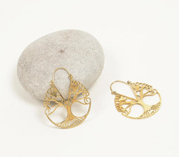 Gold-Toned Brass Tree-Feligree Huggie Hoop Earrings