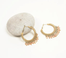 Gold-Toned Iron & Pink Glass Beads Hoop Earrings