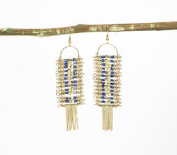 Gold-Toned Metal & Blue Beads Shoulder-Duster Earrings