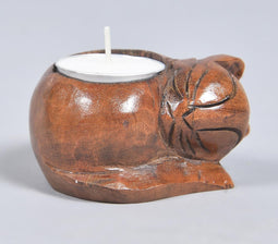 Hand carved Sleeping Cat Wooden Tealight Holder