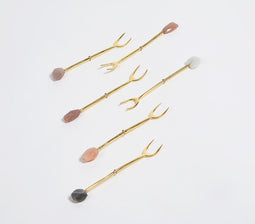 Hand Cut Moonstone & Brass Appetizer Forks (Set of 6)