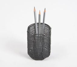 Handwoven Cane & Iron Black Cylindrical Pen Stand