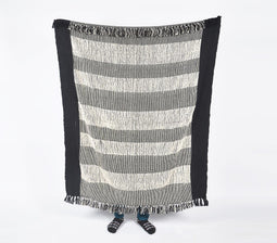 Handwoven Cotton Monochrome Block-Striped Throw with Tassels
