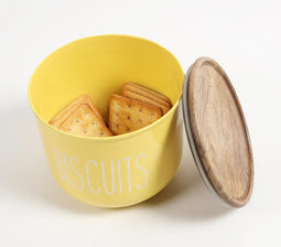 Matte-Yellow Typographic Metal Canister with Wooden Lid