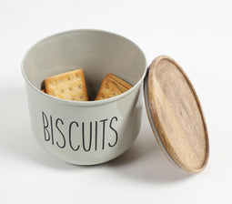 Matte-Grey Typographic Metal Canister with Wooden Lid
