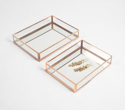 Minimal Rose-gold Metal & Glass Vanity Trays with Mirror Base set of 2