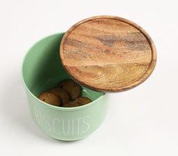 Matte-Green Typographic Metal Canister with Wooden Lid