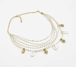 Monochrome-Toned Beads & Shell Layered Necklace with Extension Chain
