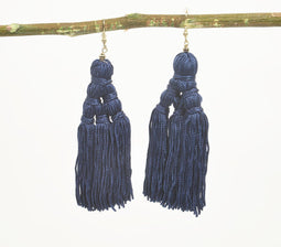 Navy Blue Tasseled Dangle Earrings