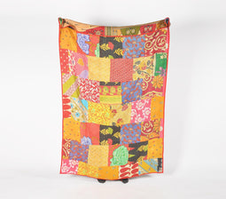 Patchwork & Kantha Embroidered Cotton Throw with Vermillion Border