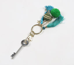 Teal Beaded & Tasseled Pom-Pom Keychain