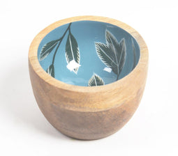 Tropical Leaves Teal Enameled & Turned Mango Wood Bowl