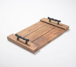 Vintage Wooden Serving Tray with Metal Handles