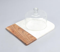 White Marble & Wood Colorblock Cake Platter With Glass Dome