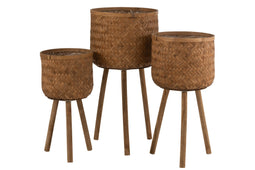 J-Line bloempothouders Drie Poten - bamboe/kunststof - naturel - Ø 37.00 cm - 3 stuks