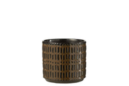 J-Line bloempot Streep - keramiek - zwart/bruin - medium - Ø 13.50 cm - 2 stuks
