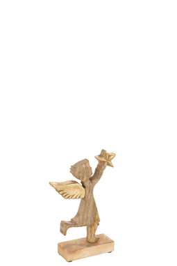 J-Line figuur Engel + Ster Mango - hout/aluminium - naturel/goud - small