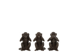 J-Line figuur Aap Horen/Zien/Zwijgen - polyresin - donkerbruin - small - 3 stuks