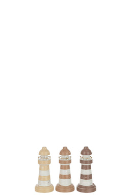 J-Line decoratie Vuurtoren - hout - bruin/wit - small - 3 stuks