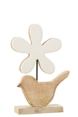 BIRD WITH FLOWER WOOD WH L