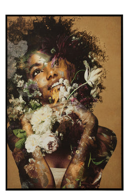 J-Line Kader Vrouw Bloemen Canvas/Hout Mix