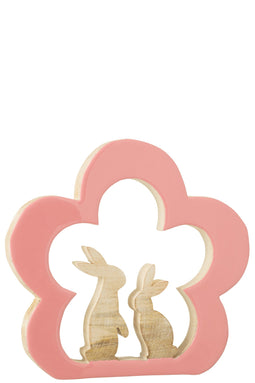 J-Line decoratie Bloem Met Konijn - hout - roze