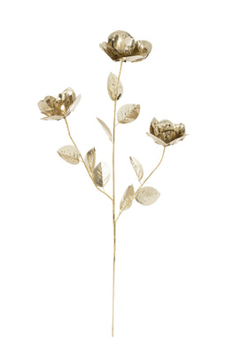 J-Line decoratie Tak 3 Bloemen + Blaadjes - kunststof - goud - 12 stuks