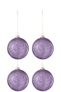 J-Line kerstbal Parels - glas - paars - small - doos van 4