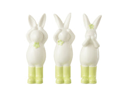 J-Line decoratie Konijn Horen/Zien/Zwijgen - porselein - groen/wit - 3 stuks
