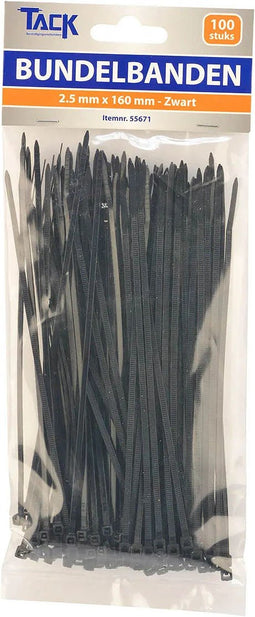 100 Tiewraps / bundelbandjes 2,5x160mm zwart PA66