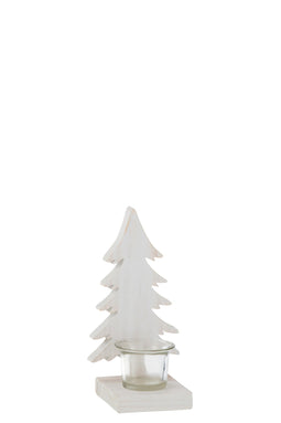 J-Line Kaarshouder kerstboom - theelichthouder - hout - wit - 2 stuks - kerstversiering