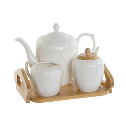 Theepot DKD Home Decor Wit Natuurlijk Bamboe Porselein