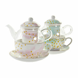 Theepot DKD Home Decor Kristal Porselein Roze Transparant Wit Groen (2 Stuks)