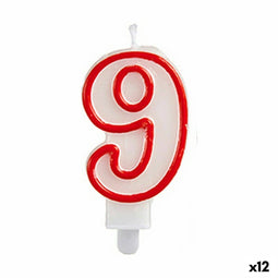 Kaars Verjaardag Cijfer 9 Rood Wit (12 Stuks)