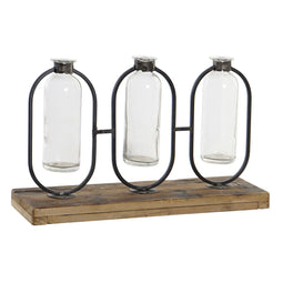 Vaas DKD Home Decor Zwart Natuurlijk Metaal Kristal Paulownia hout 38 x 11,5 x 23 cm (3 Onderdelen)