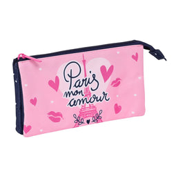 Pennenetui met 3 vakken Safta Paris Roze Marineblauw 22 x 12 x 3 cm
