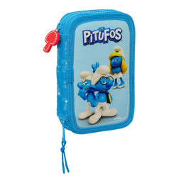 Dubbele etui Los Pitufos Blauw Hemelsblauw 12.5 x 19.5 x 4 cm (28 Onderdelen)