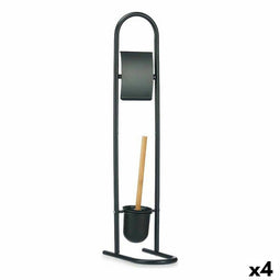 Toiletpapierhouder met borstelstandaard 16 x 28,5 x 80,8 cm Zwart Metaal Plastic Bamboe (4 Stuks)
