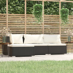 4-delige Loungeset met creme kussens poly rattan zwart