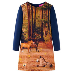 Kinderjurk met lange mouwen paardenprint 92 marineblauw