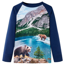 Kindershirt met lange mouwen beren en landschapprint 92 marineblauw