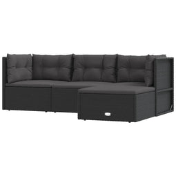 4-delige Loungeset met kussens poly rattan zwart