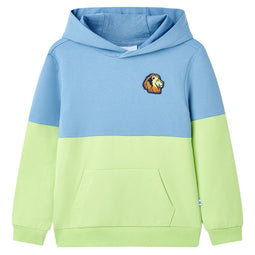 Kindertrui met capuchon 116 blauw en zachtgeel