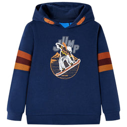 Kindertrui met capuchon beer en snowboardprint 128 marineblauw