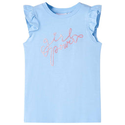 Kindershirt met ruches aan de mouwen glitterprint 128 lichtblauw