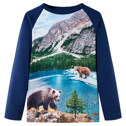 Kindershirt met lange mouwen beren en landschapprint 140 marineblauw