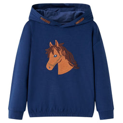 Kindertrui met capuchon paardenontwerp 140 marineblauw
