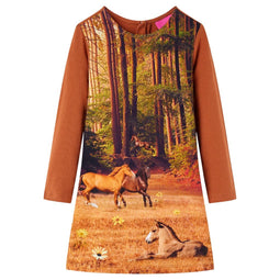 Kinderjurk met lange mouwen paardenprint 104 cognackleurig